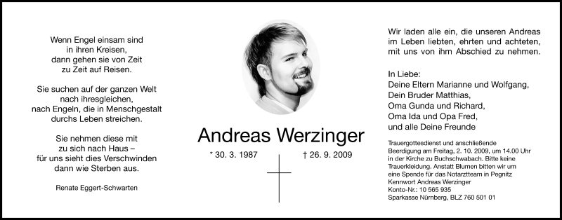  Traueranzeige für Andreas Werzinger vom 30.09.2009 aus Nürnberger Zeitung