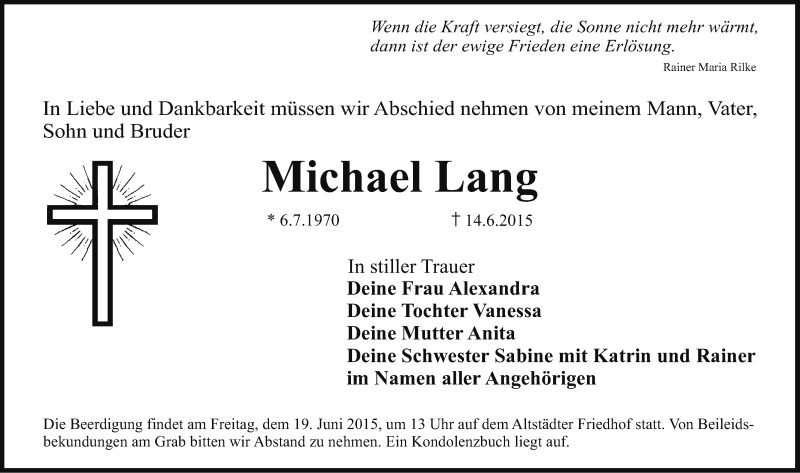  Traueranzeige für Michael Lang vom 16.06.2015 aus Erlanger Nachrichten Lokal