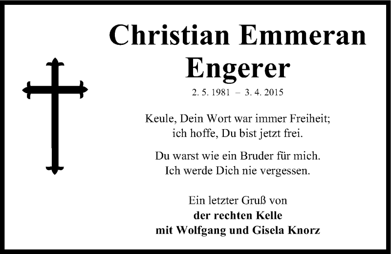  Traueranzeige für Christian Emmeran Engerer vom 09.04.2015 aus Gesamtausgabe Nürnberger Nachrichten/ Nürnberger Ztg.