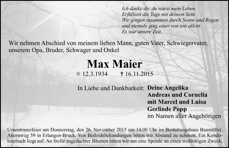  Traueranzeige für Max Maier vom 24.11.2015 aus Erlanger Nachrichten Lokal