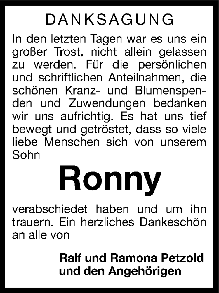  Traueranzeige für Ronny Petzold vom 07.02.2015 aus Gesamtausgabe Nürnberger Nachrichten/ Nürnberger Ztg.