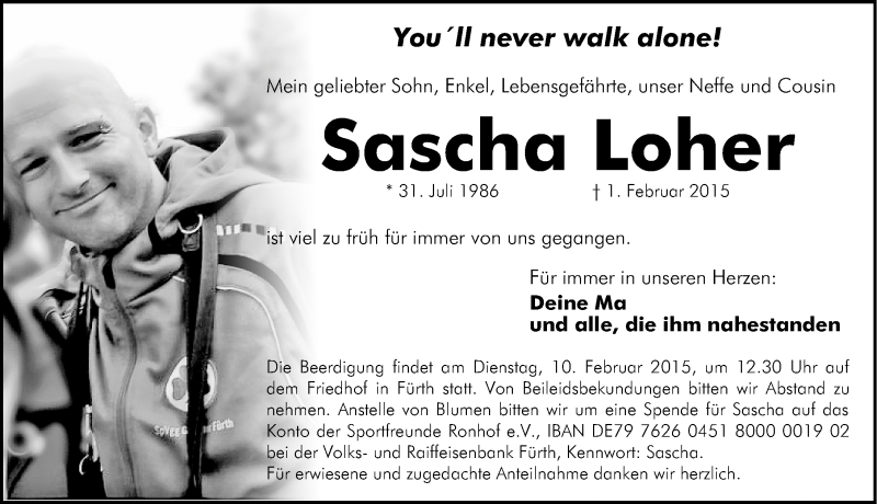  Traueranzeige für Sascha Loher vom 06.02.2015 aus Fürther Nachrichten Lokal