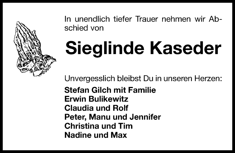  Traueranzeige für Sieglinde Kaseder vom 28.05.2015 aus Gesamtausgabe Nürnberger Nachrichten/ Nürnberger Ztg.