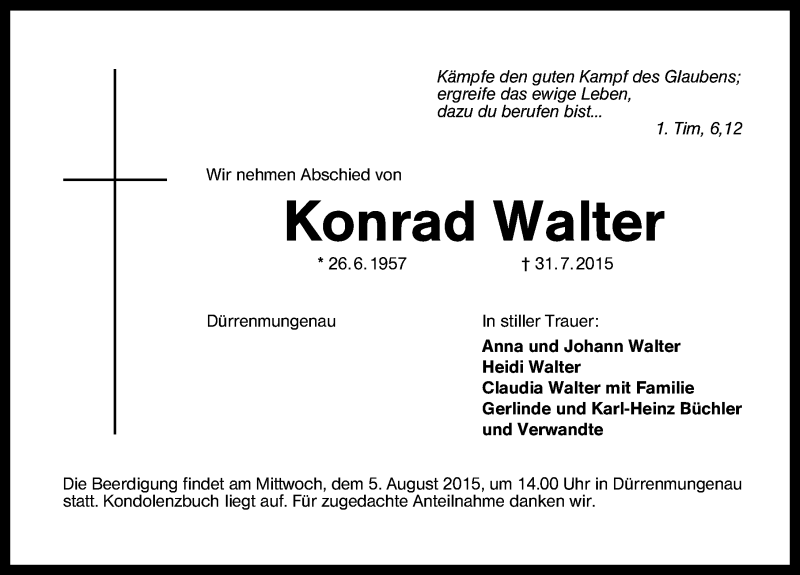  Traueranzeige für Konrad Walter vom 03.08.2015 aus Schwabach