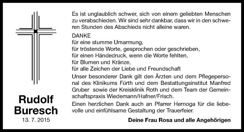  Traueranzeige für Rudolf Buresch vom 25.07.2015 aus Roth-Hilpoltsteiner Volkszeitung Lokal