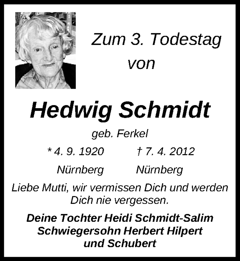  Traueranzeige für Hedwig Schmidt vom 09.04.2015 aus Gesamtausgabe Nürnberger Nachrichten/ Nürnberger Ztg./ Neumarkter Nachrichten
