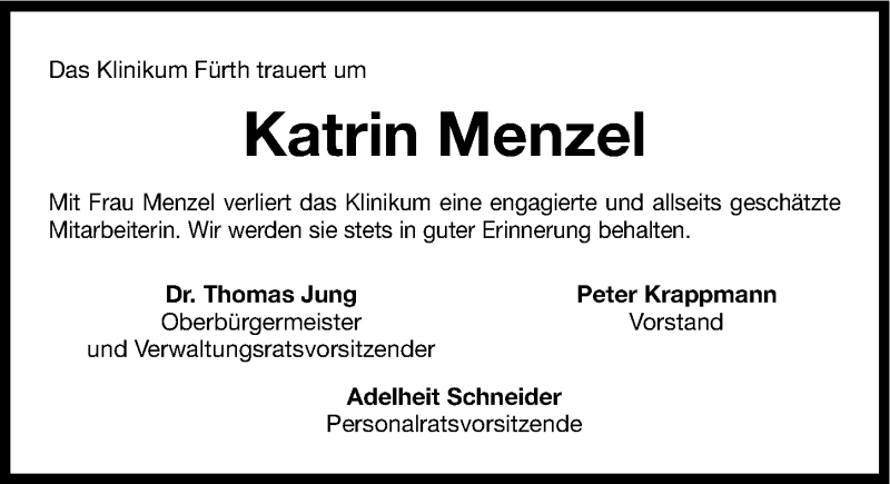  Traueranzeige für Katrin Menzel vom 23.05.2015 aus Fürther Nachrichten Lokal