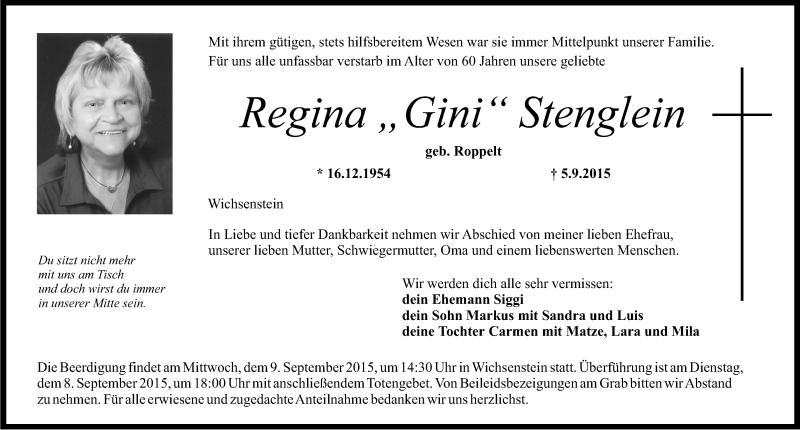  Traueranzeige für Regina Gini Stenglein vom 07.09.2015 aus Nordbayerische Nachrichten Forchheim Lokal