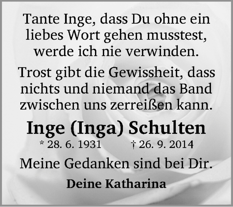  Traueranzeige für Inge Schulten vom 27.06.2015 aus Gesamtausgabe Nürnberger Nachrichten/ Nürnberger Ztg.
