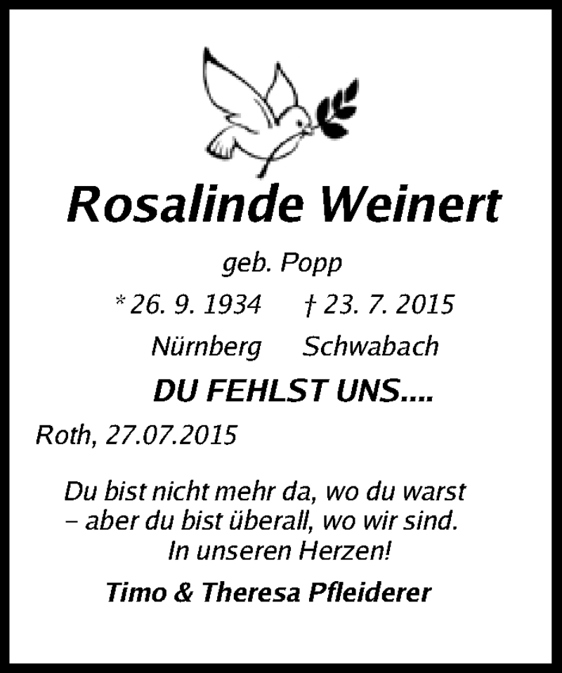  Traueranzeige für Rosalinde Weinert vom 29.07.2015 aus Schwabach