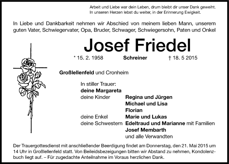 Traueranzeige für Josef Friedel vom 20.05.2015 aus Altmühl-Bote Lokal