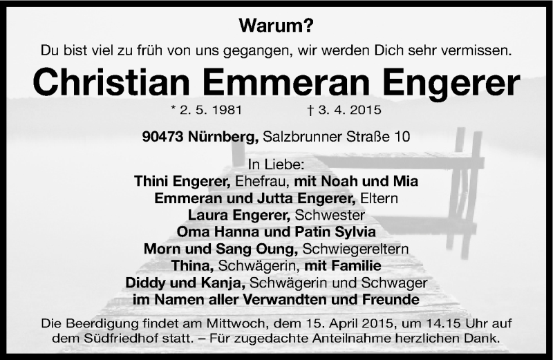  Traueranzeige für Christian Emmeran Engerer vom 11.04.2015 aus Gesamtausgabe Nürnberger Nachrichten/ Nürnberger Ztg.