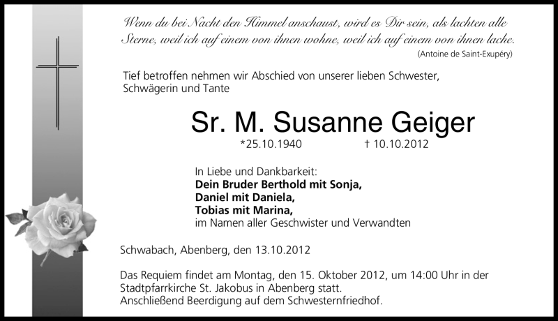  Traueranzeige für Susanne Geiger vom 13.10.2012 aus Schwabach