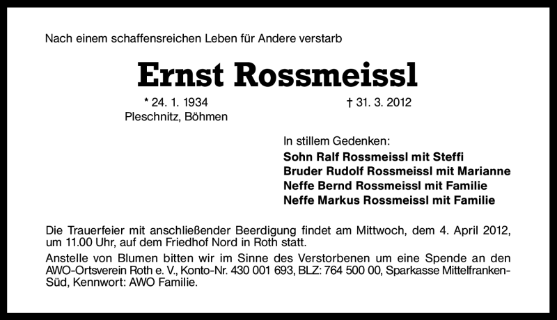  Traueranzeige für Ernst Rossmeissl vom 02.04.2012 aus Schwabach