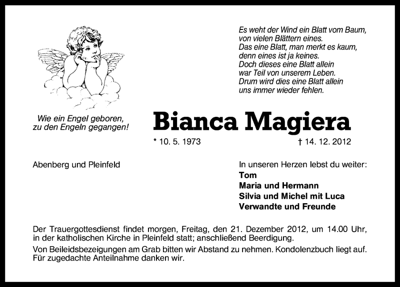  Traueranzeige für Bianca Magiera vom 20.12.2012 aus Schwabach