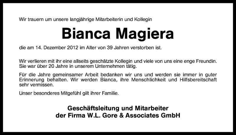  Traueranzeige für Bianca Magiera vom 21.12.2012 aus Schwabach