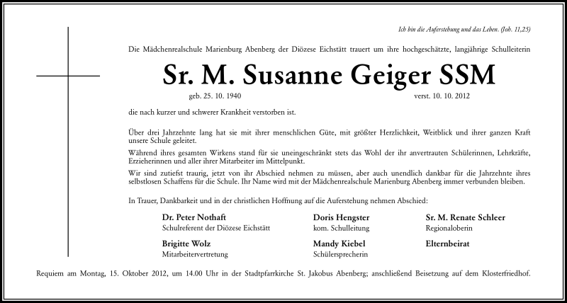  Traueranzeige für Susanne Geiger vom 13.10.2012 aus Schwabach