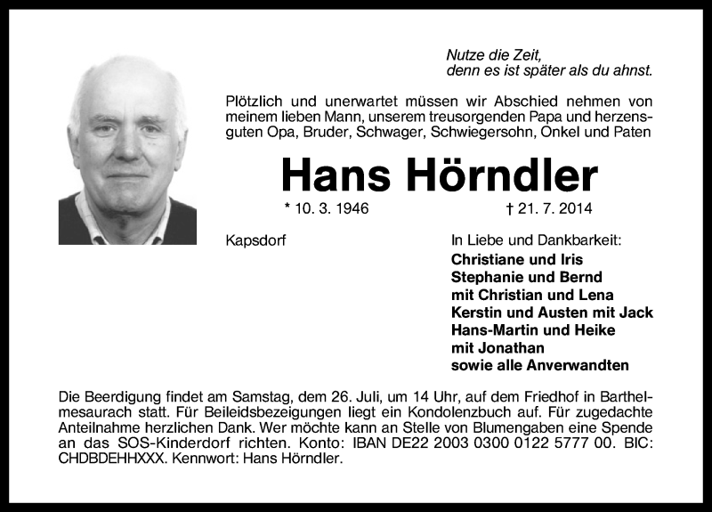  Traueranzeige für Hans Hörndler vom 23.07.2014 aus Schwabach