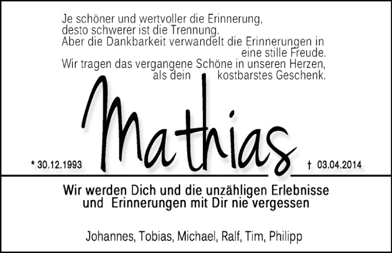  Traueranzeige für Mathias Sippel vom 08.04.2014 aus Schwabach
