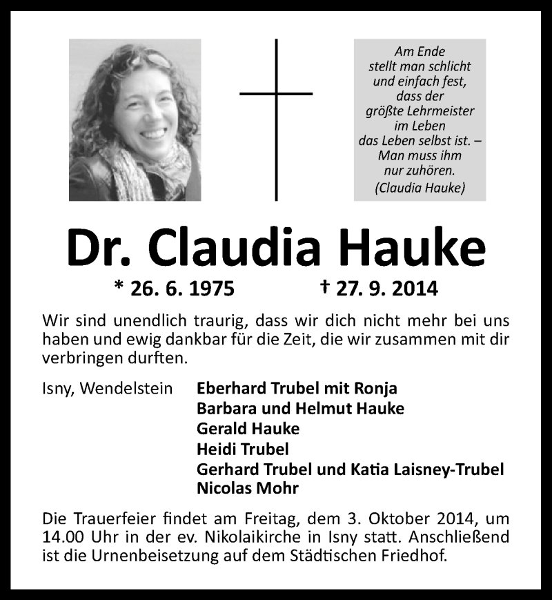 Traueranzeige für Claudia Hauke vom 30.09.2014 aus Schwabach