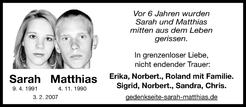  Traueranzeige für Sarah und Matthias  vom 02.02.2013 aus  Fürther Nachrichten Lokal 