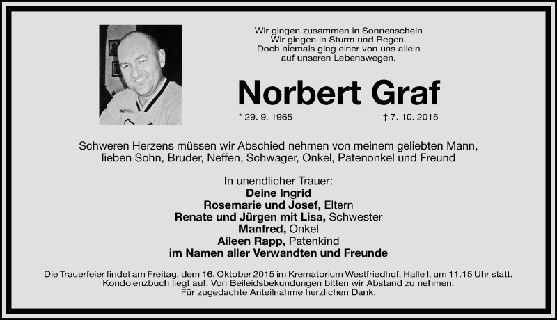  Traueranzeige für Norbert Graf vom 14.10.2015 aus Gesamtausgabe Nürnberger Nachrichten/ Nürnberger Ztg.