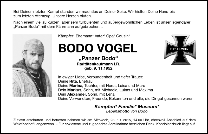  Traueranzeige für Bodo Vogel vom 24.10.2015 aus Fürther Nachrichten Lokal