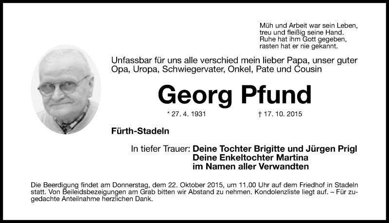  Traueranzeige für Georg Pfund vom 20.10.2015 aus Fürther Nachrichten Lokal