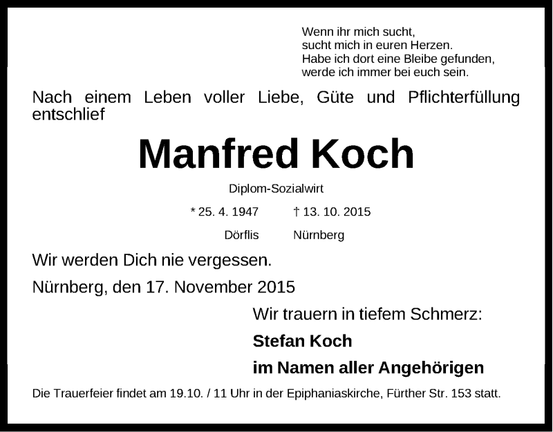  Traueranzeige für Manfred Koch vom 17.10.2015 aus Gesamtausgabe Nürnberger Nachrichten/ Nürnberger Ztg.
