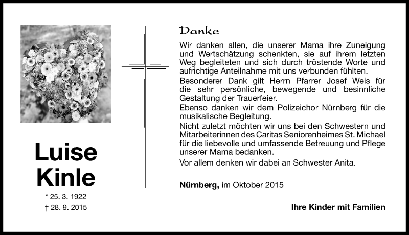  Traueranzeige für Luise Kinle vom 17.10.2015 aus Gesamtausgabe Nürnberger Nachrichten/ Nürnberger Ztg.
