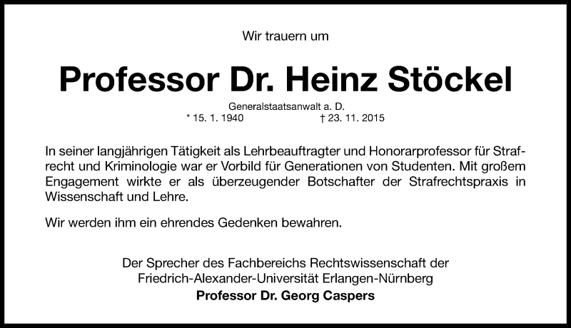  Traueranzeige für Heinz Stöckel vom 30.11.2015 aus Gesamtausgabe Nürnberger Nachrichten/ Nürnberger Ztg.