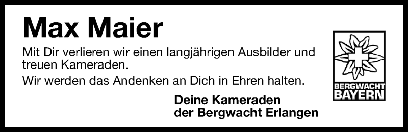  Traueranzeige für Max Maier vom 25.11.2015 aus Erlanger Nachrichten Lokal