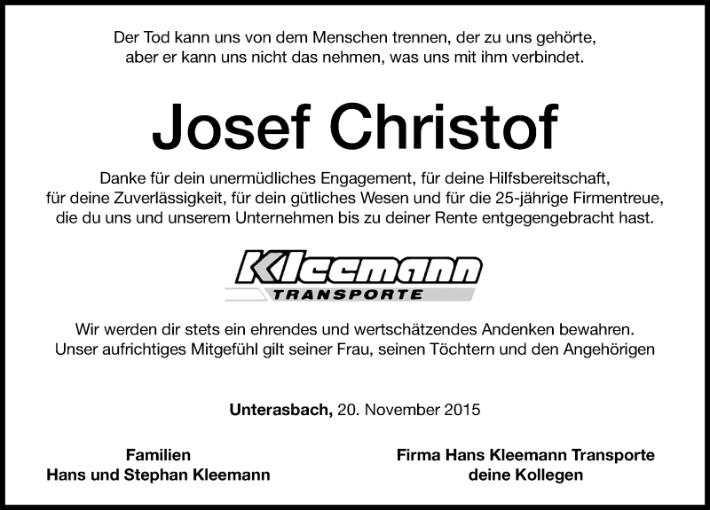  Traueranzeige für Josef Christof vom 20.11.2015 aus Altmühl-Bote Lokal