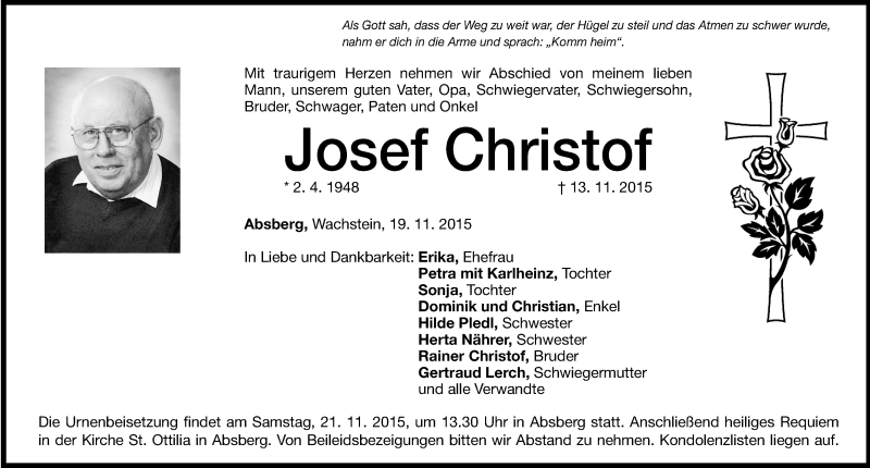  Traueranzeige für Josef Christof vom 19.11.2015 aus Altmühl-Bote Lokal