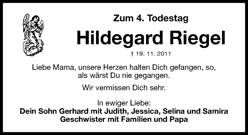  Traueranzeige für Hildegard Riegel vom 19.11.2015 aus Gesamtausgabe Nürnberger Nachrichten/ Nürnberger Ztg.