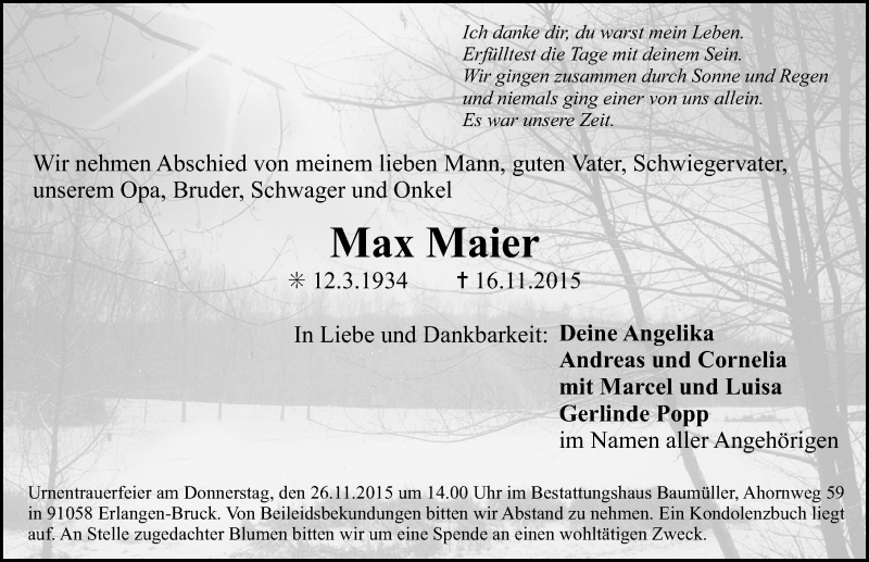  Traueranzeige für Max Maier vom 25.11.2015 aus Gesamtausgabe Nürnberger Nachrichten/ Nürnberger Ztg.