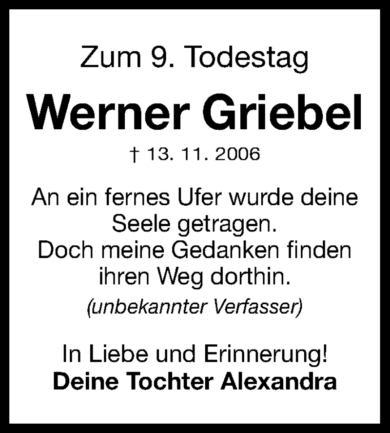  Traueranzeige für Werner Griebel vom 13.11.2015 aus Erlanger Nachrichten Lokal