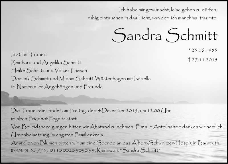  Traueranzeige für Sandra Schmitt vom 02.12.2015 aus Nordbayerische Nachrichten Pegnitz Lokal