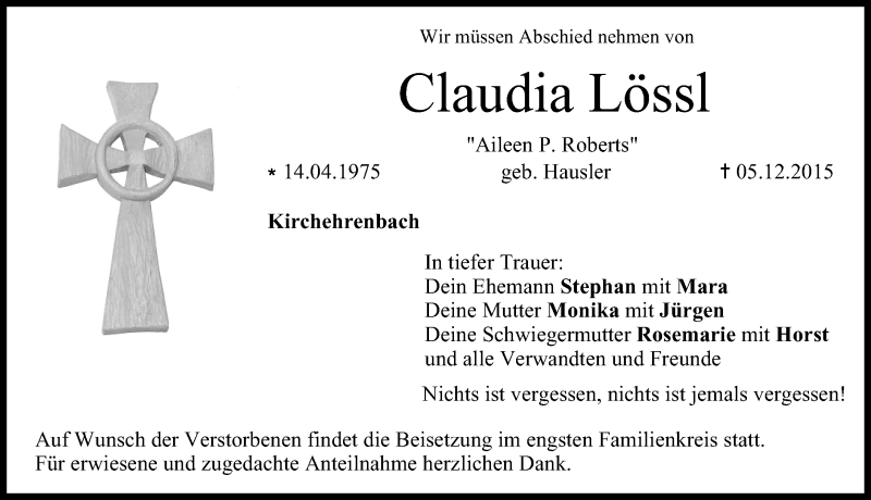  Traueranzeige für Claudia Lössl vom 17.12.2015 aus Nordbayerische Nachrichten Forchheim Lokal