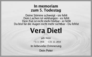 Traueranzeige von Vera Dietl von Gesamtausgabe Nürnberger Nachrichten/ Nürnberger Ztg.