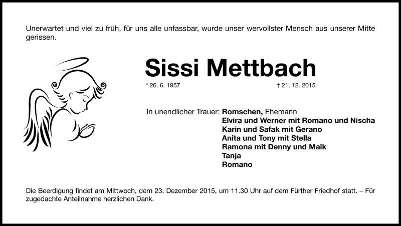  Traueranzeige für Sissi Mettbach vom 22.12.2015 aus Fürther Nachrichten Lokal