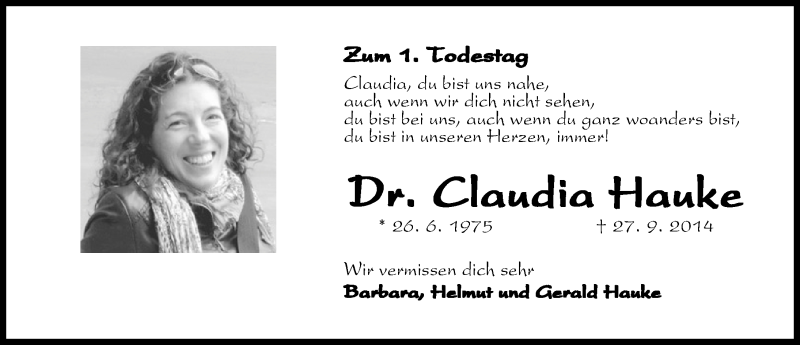  Traueranzeige für Claudia Hauke vom 26.09.2015 aus Schwabach