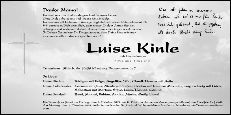  Traueranzeige für Luise Kinle vom 01.10.2015 aus Gesamtausgabe Nürnberger Nachrichten/ Nürnberger Ztg.
