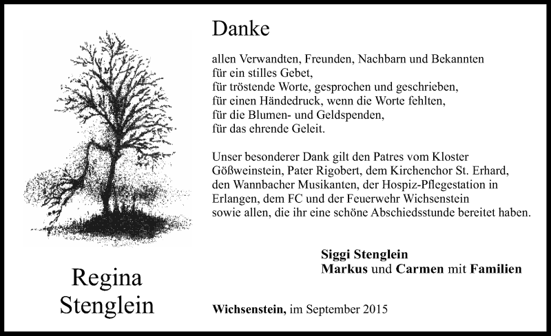  Traueranzeige für Regina Gini Stenglein vom 26.09.2015 aus Nordbayerische Nachrichten Forchheim Lokal