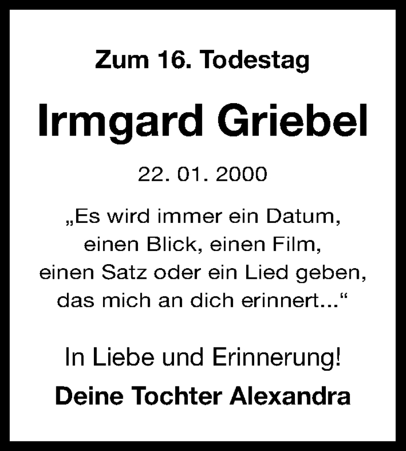  Traueranzeige für Irmgard Griebel vom 22.01.2016 aus Erlanger Nachrichten Lokal