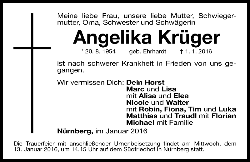  Traueranzeige für Angelika Krüger vom 09.01.2016 aus Gesamtausgabe Nürnberger Nachrichten/ Nürnberger Ztg.