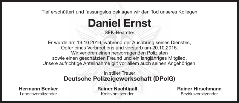  Traueranzeige für Daniel Ernst vom 22.10.2016 aus Gesamtausgabe Nürnberger Nachrichten/ Nürnberger Ztg.