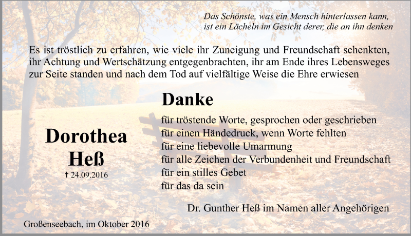  Traueranzeige für Dorothea Heß vom 22.10.2016 aus Erlanger Nachrichten Lokal