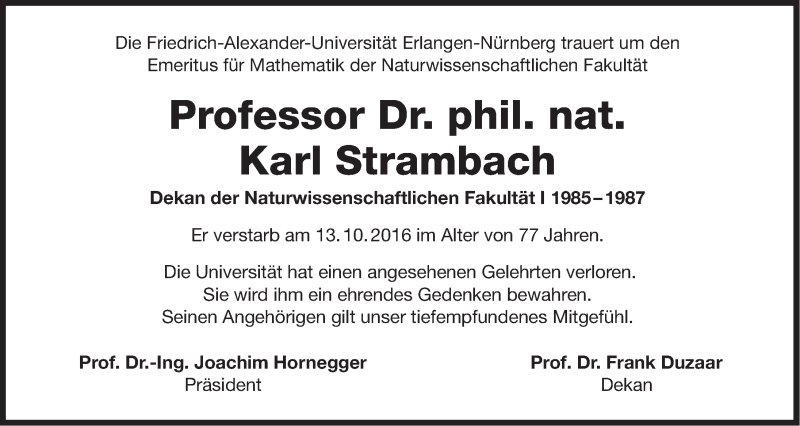  Traueranzeige für Karl Strambach vom 28.10.2016 aus Gesamtausgabe Nürnberger Nachrichten/ Nürnberger Ztg.