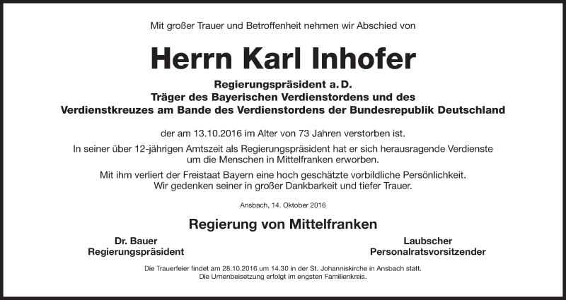  Traueranzeige für Karl Inhofer vom 18.10.2016 aus Gesamtausgabe Nürnberger Nachrichten/ Nürnberger Ztg.